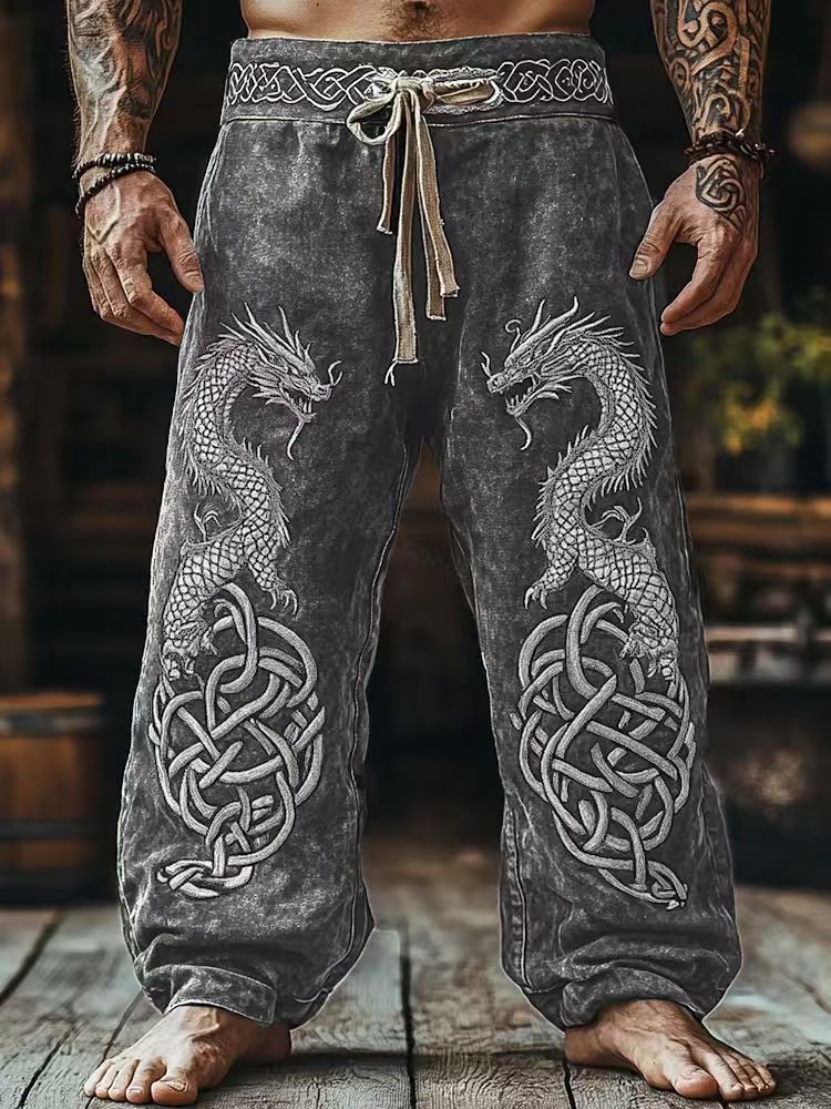 Dragon Knotwork Relaxed Linen Wide Leg Pants