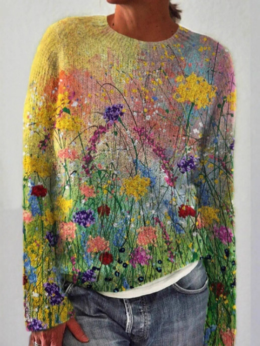 Retro Floral Print Women‘s Round-neck Long sleeved Sweater
