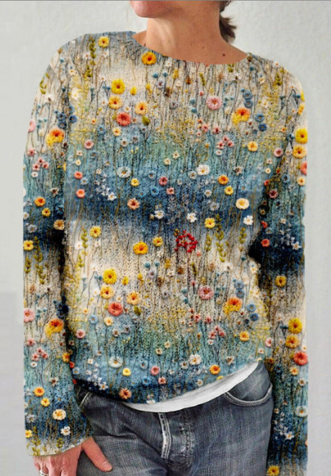 Retro Floral Print Women‘s Round-neck Long sleeved Sweater