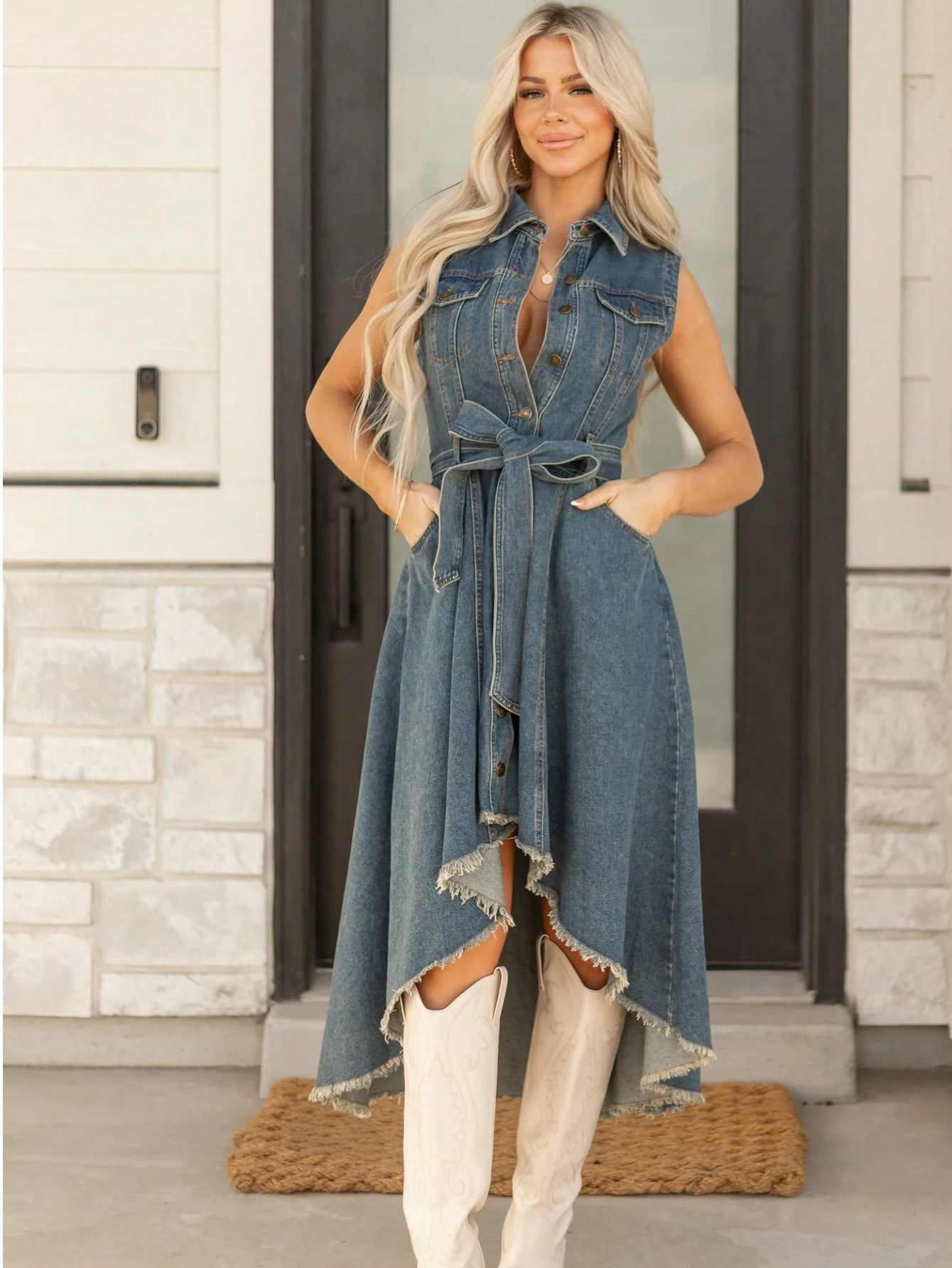Sleeveless Irregular Fringed Denim Dress