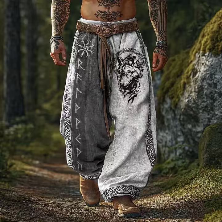 Wolf Rune Relaxed Linen Wide Leg Pants