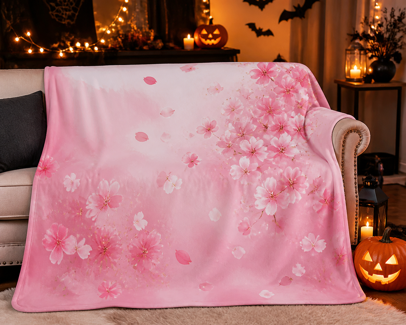 Pink Cherry Blossom Throw Blanket Flannel