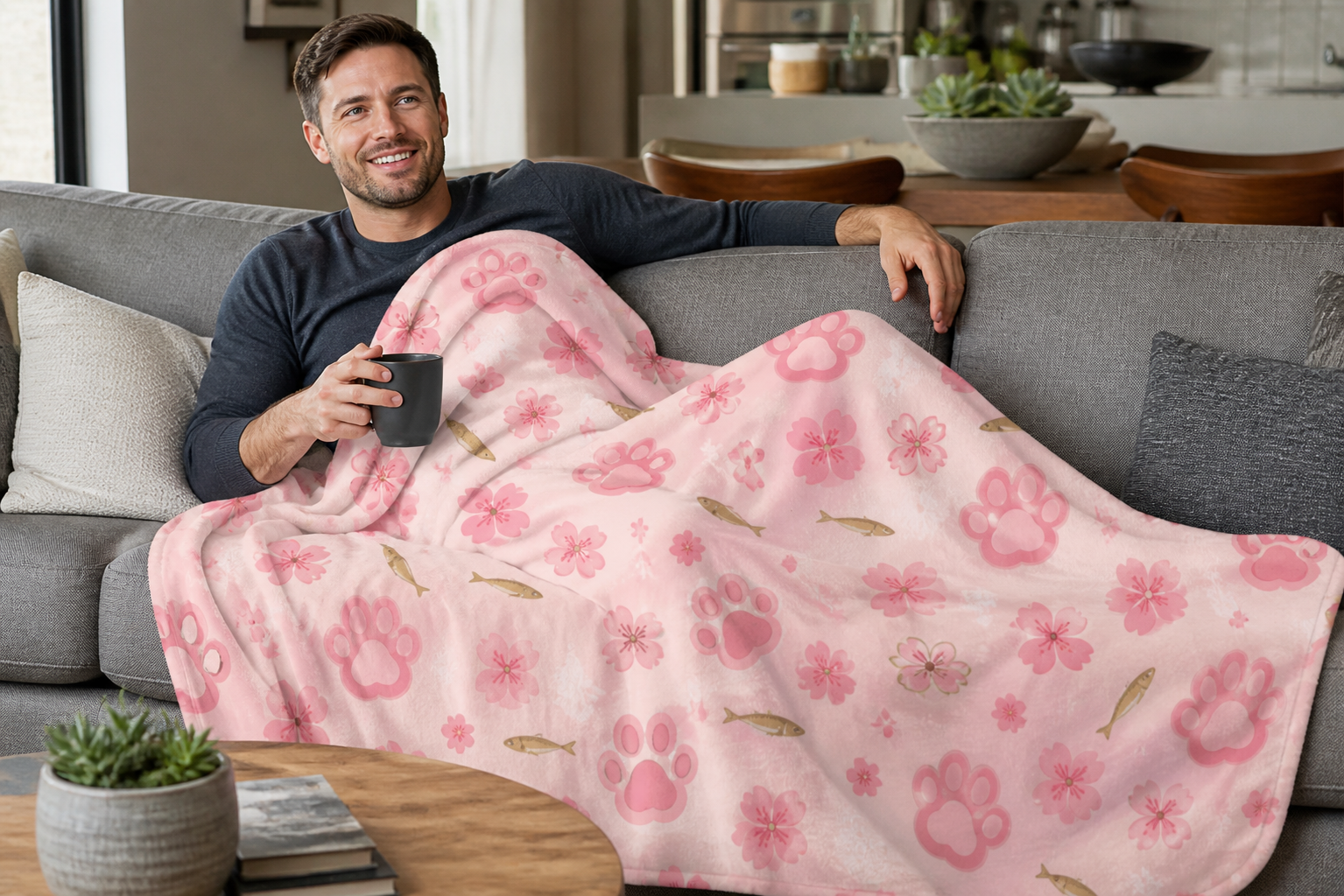 Pink Cherry Blossom Cat Paw Throw Blanket Flannel