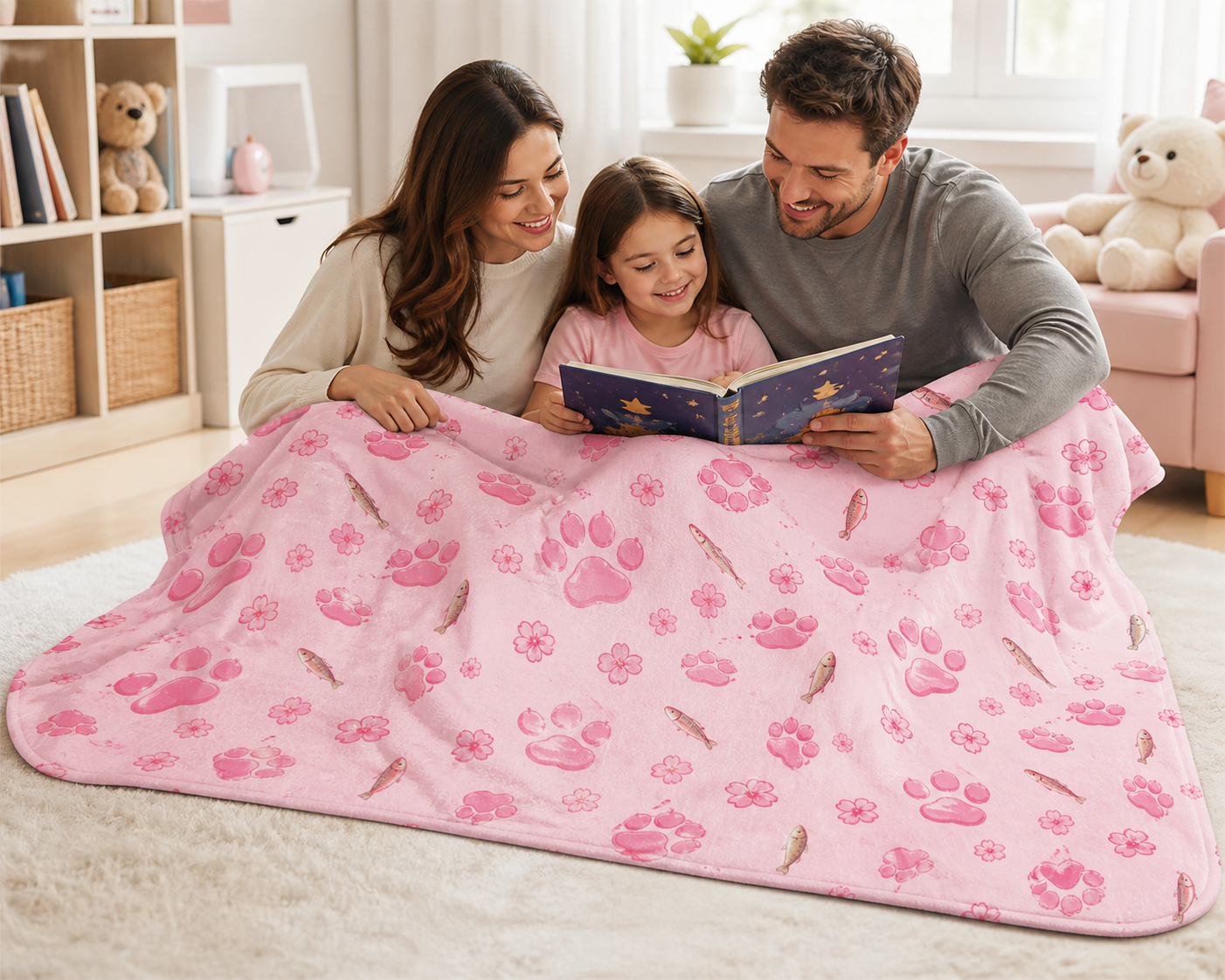Pink Cherry Blossom Cat Paw Throw Blanket Flannel