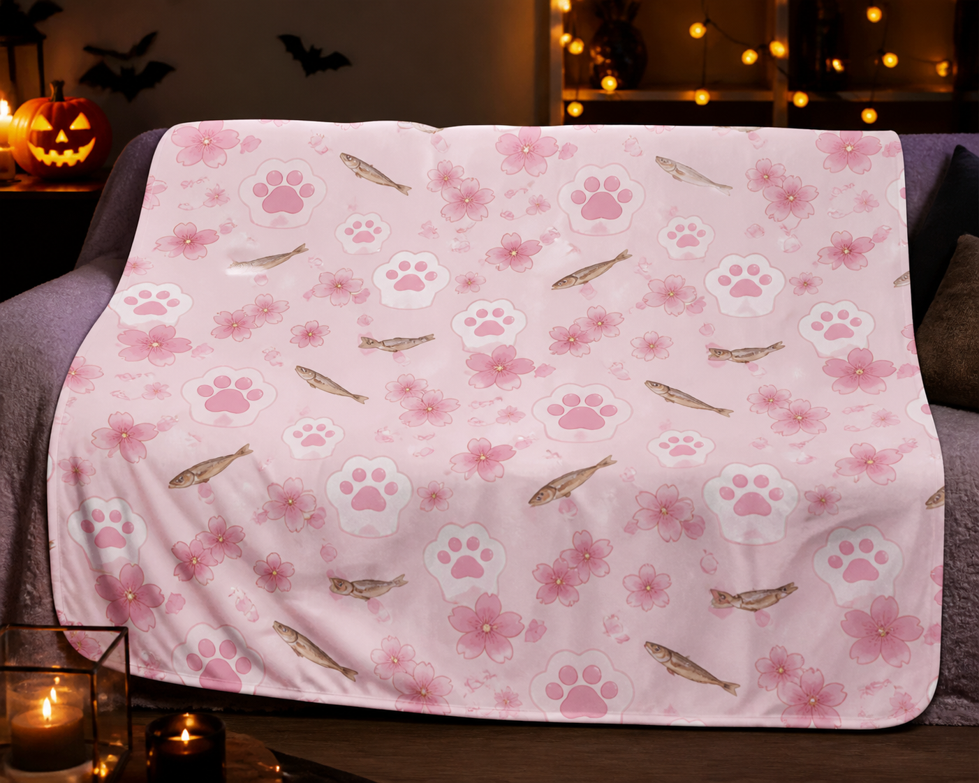 Pink Cherry Blossom Cat Paw Throw Blanket Flannel