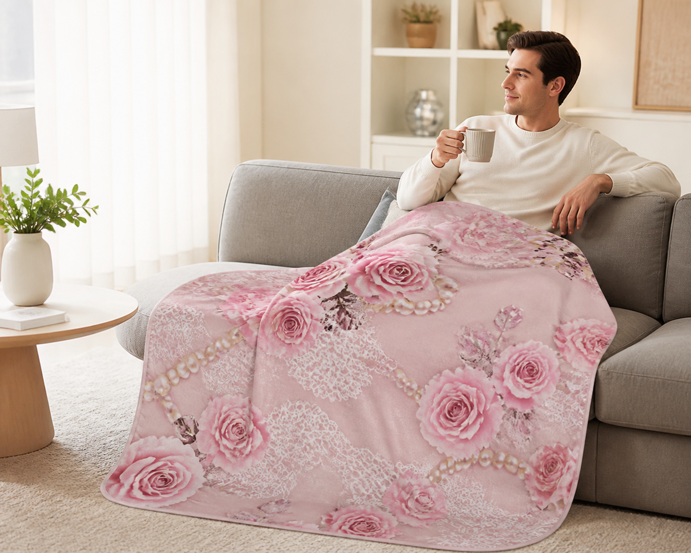Pink Lace Rose Throw Blanket Flannel