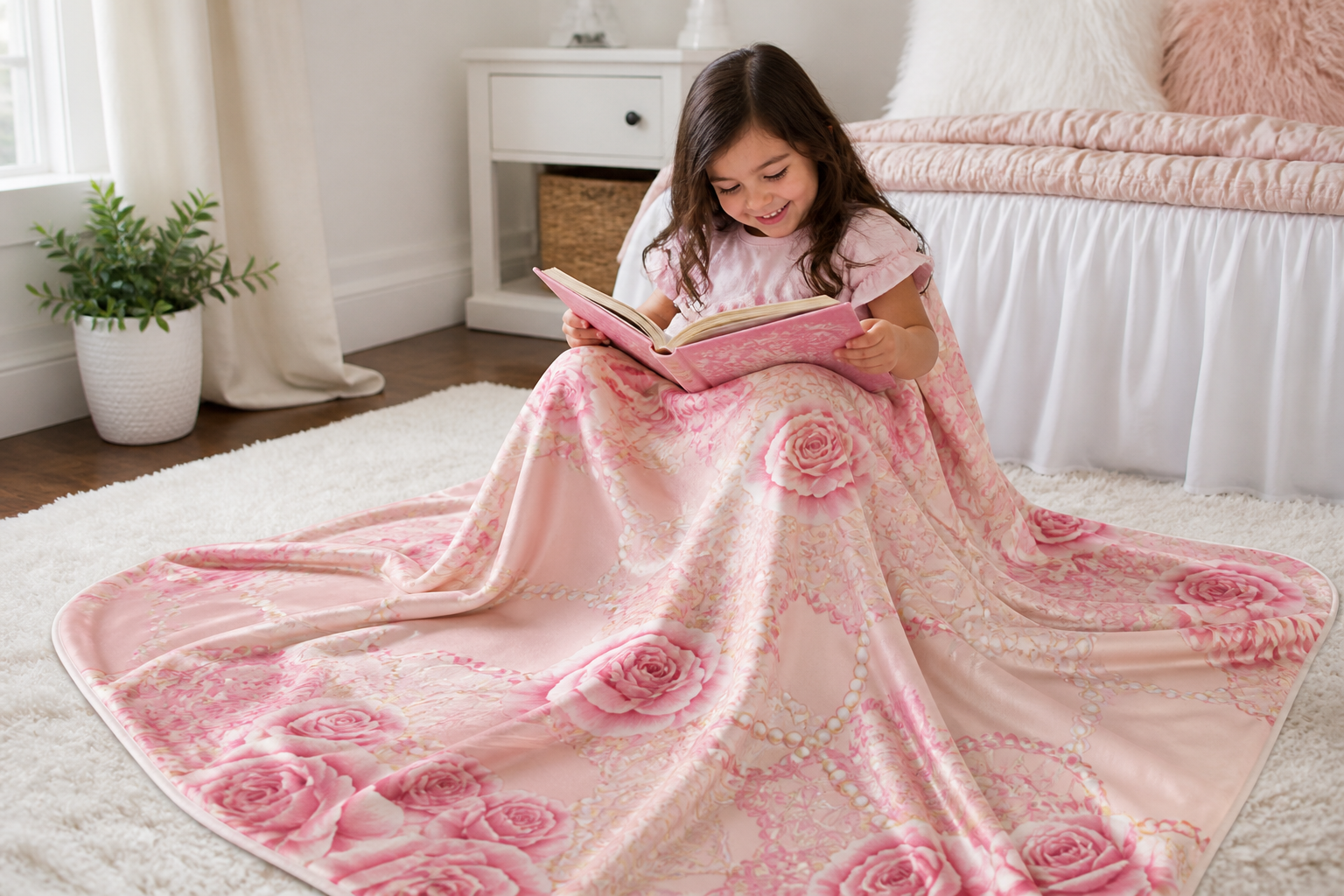 Pink Lace Rose Throw Blanket Flannel