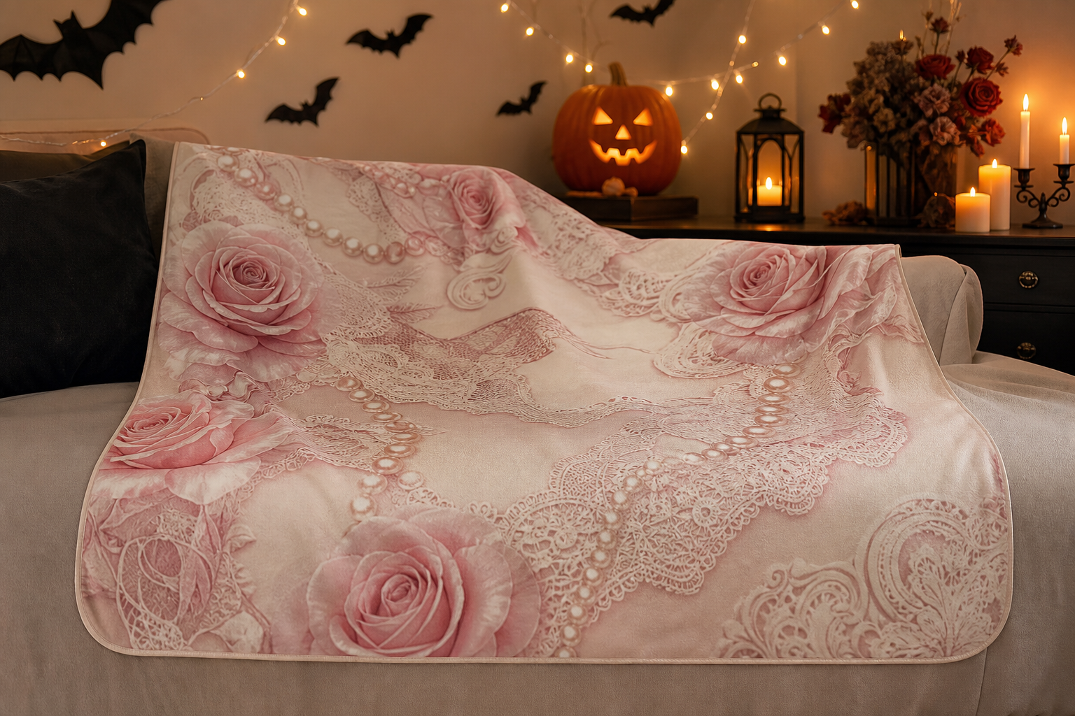 Pink Lace Rose Throw Blanket Flannel