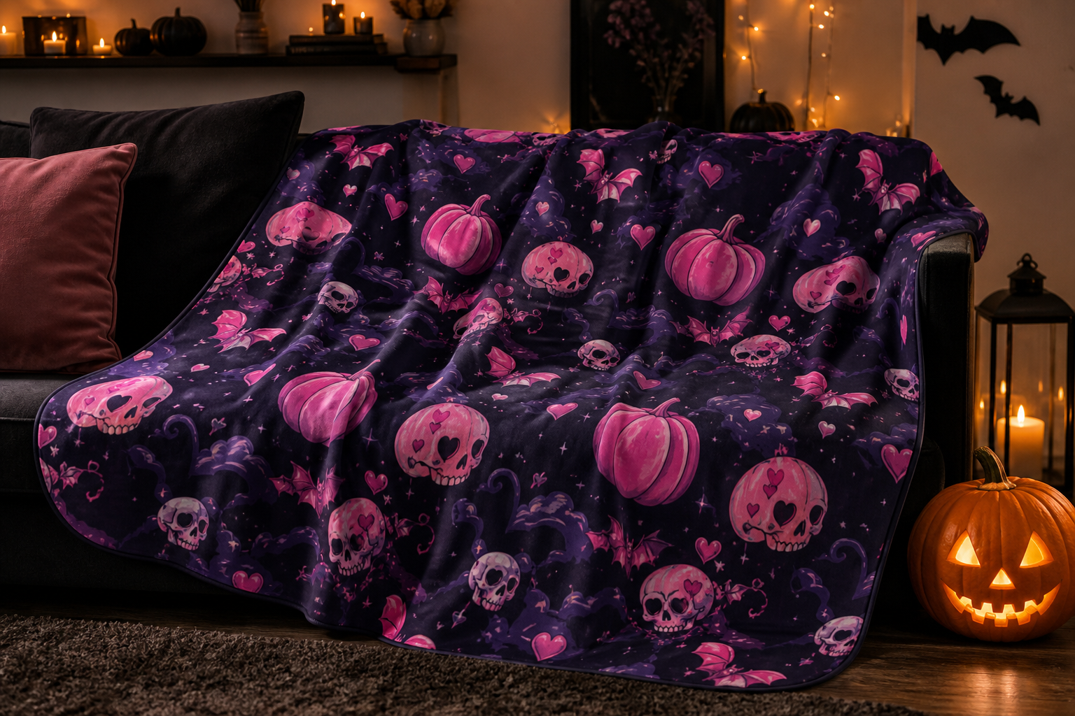 Pink Halloween Pumpkin Throw Blanket Flannel