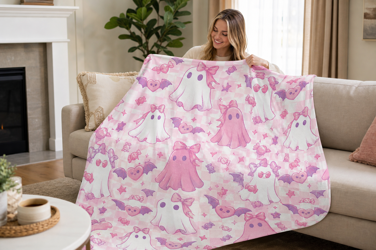 Pink Ghosts With Bows Throw Blanket Flannel