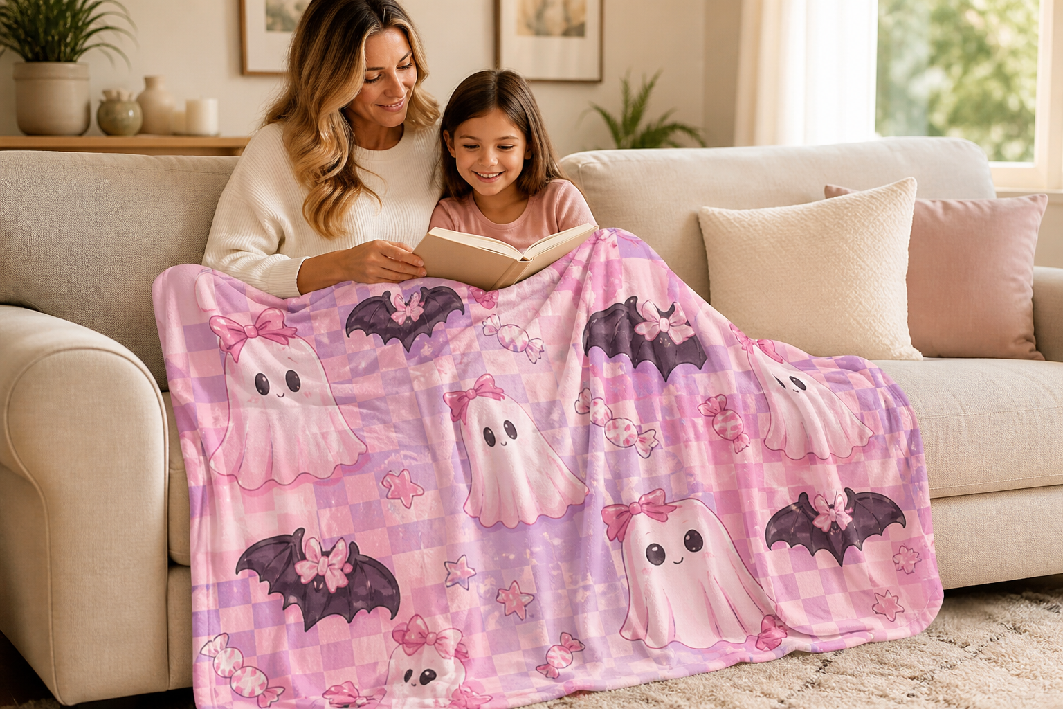 Pink Ghosts With Bows Throw Blanket Flannel