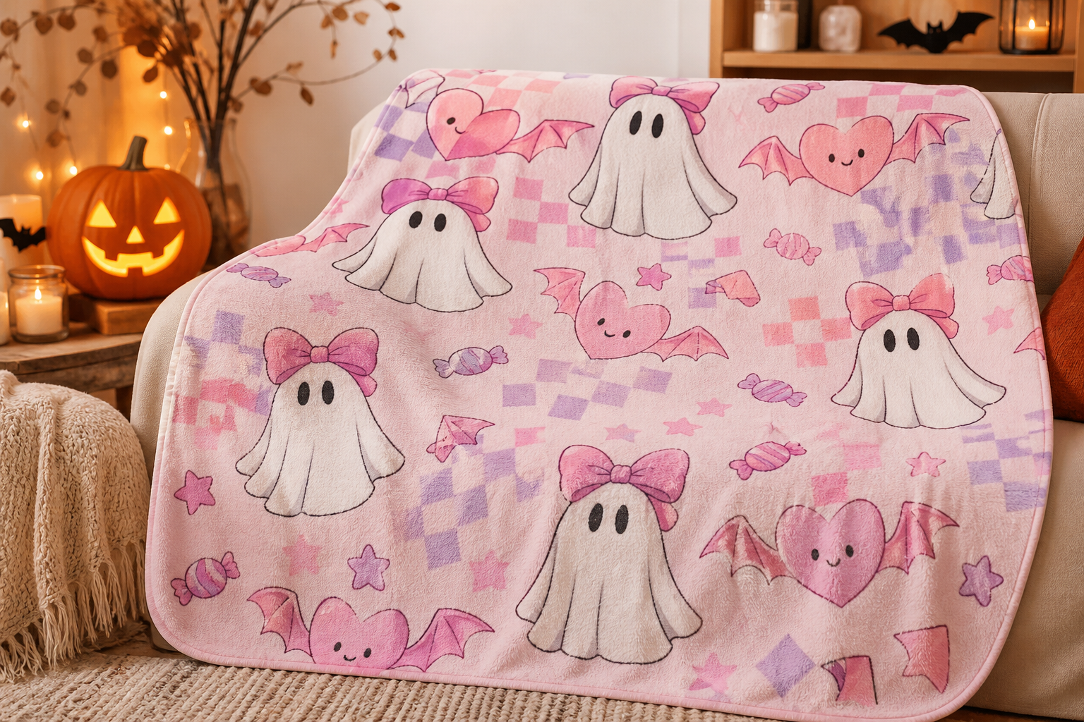 Pink Ghosts With Bows Throw Blanket Flannel