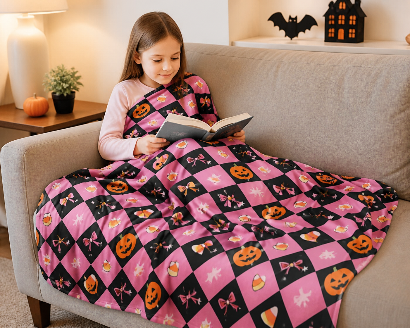 Pink Black Halloween Pumpkin Blanket Flannel