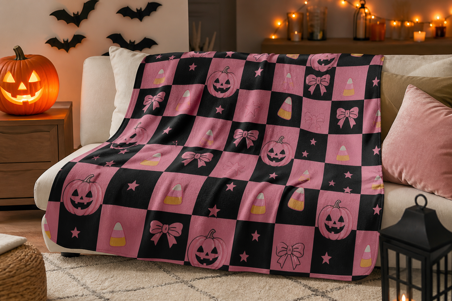Pink Black Halloween Pumpkin Blanket Flannel