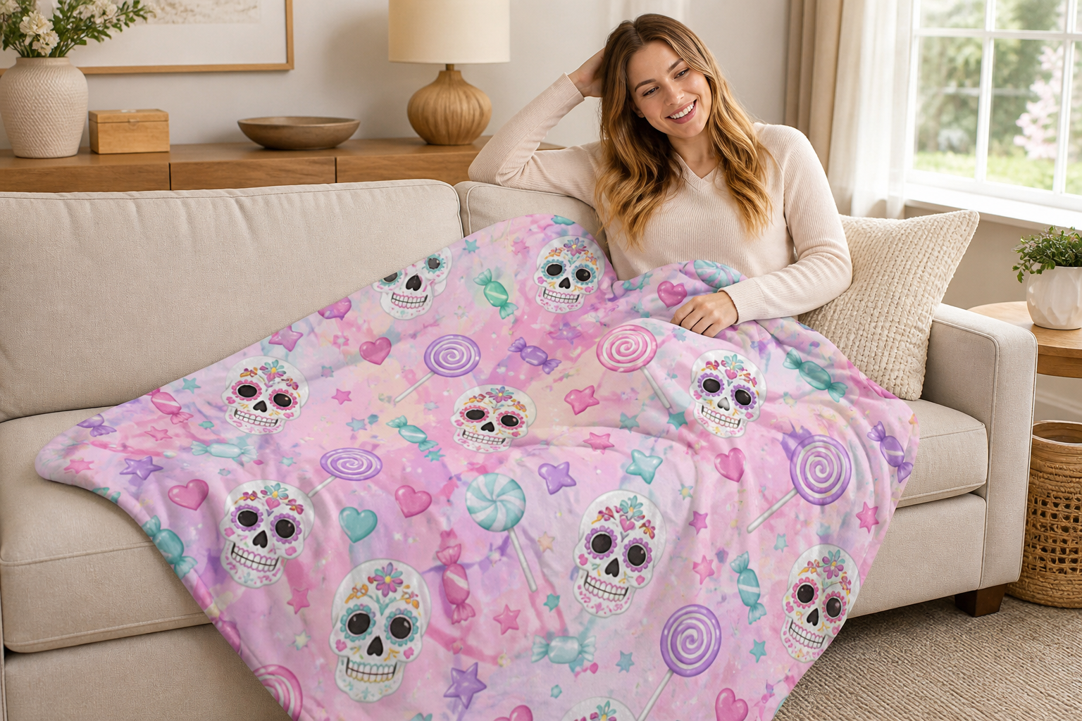Candy Skull Print Throw Blanket Flannel