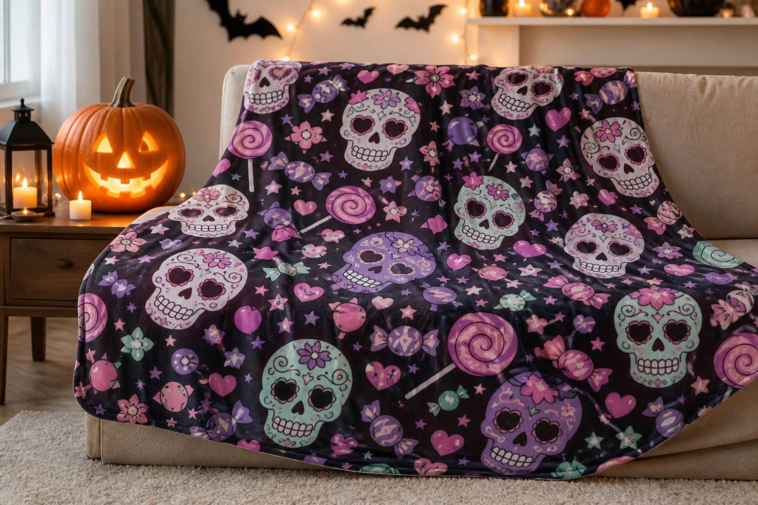 Candy Skull Print Throw Blanket Flannel