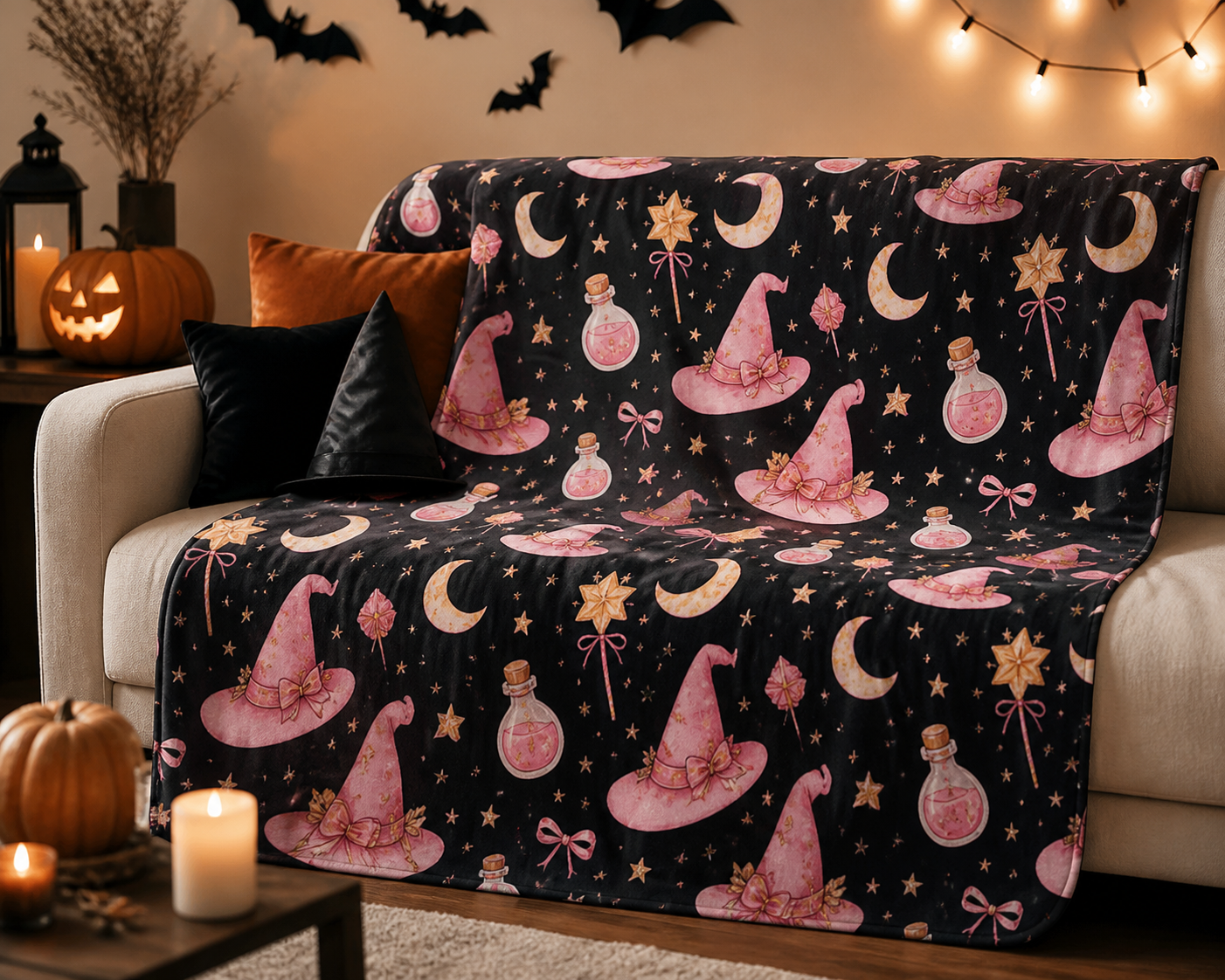 Pink Witch Hat Throw Blanket Flannel