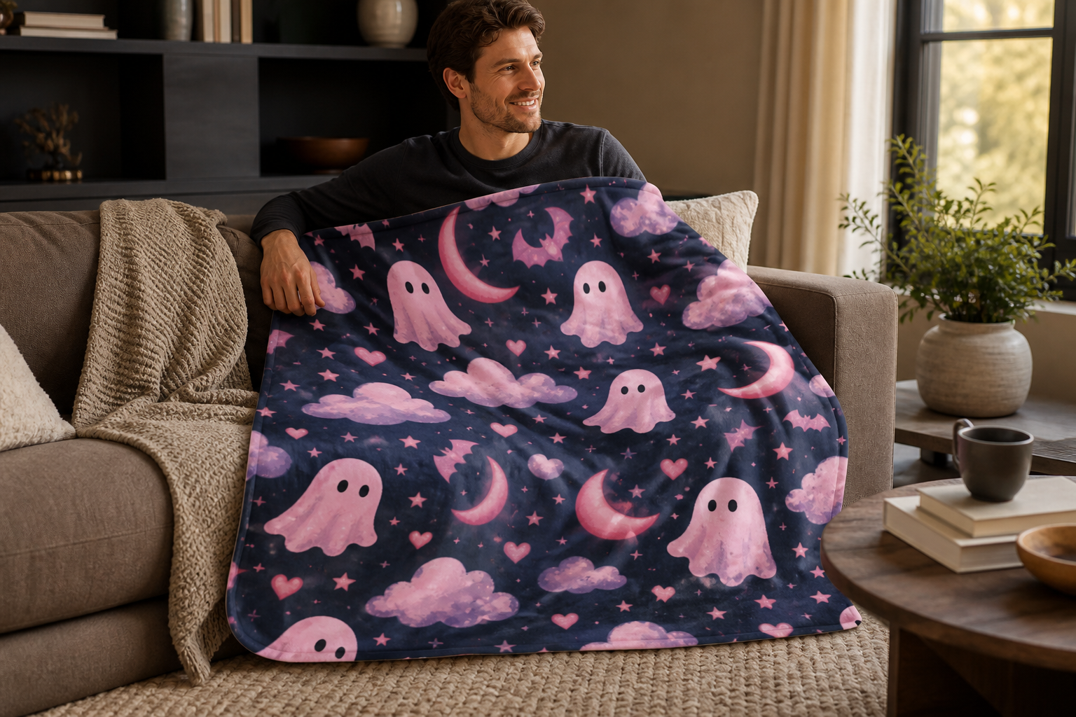 Pink Ghost Print Throw Blanket Flannel