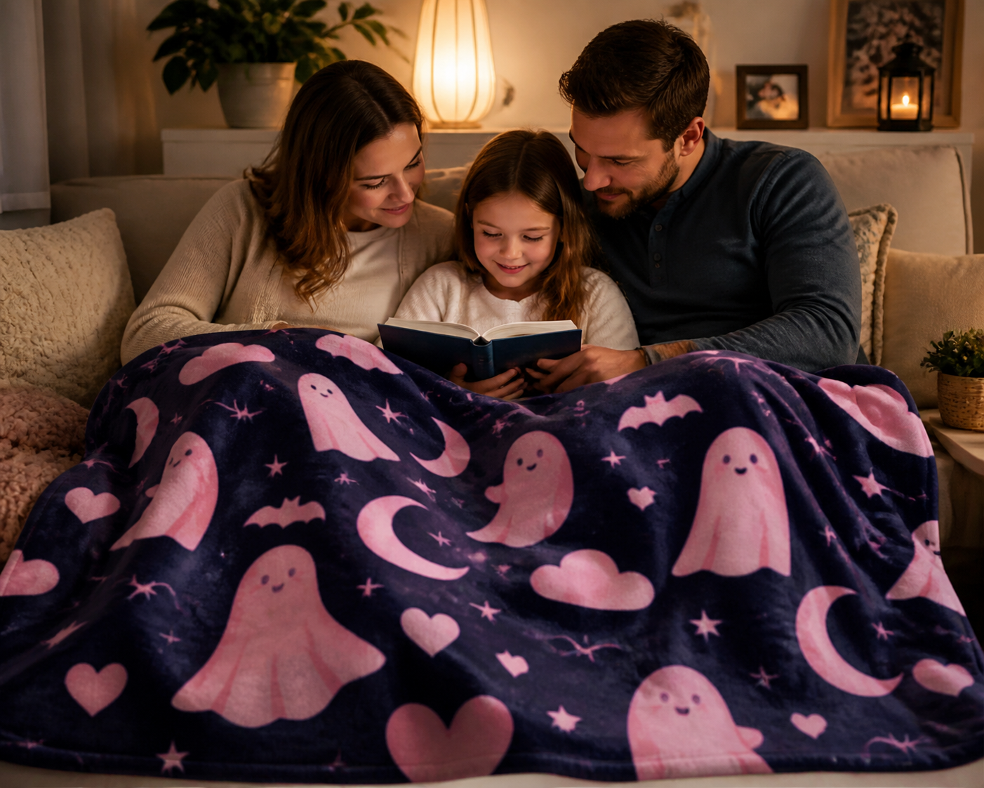 Pink Ghost Print Throw Blanket Flannel