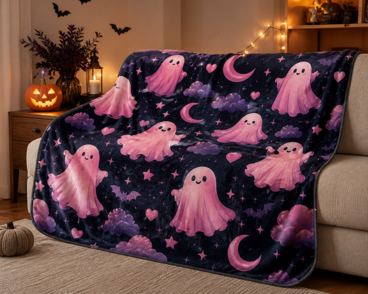 Pink Ghost Print Throw Blanket Flannel