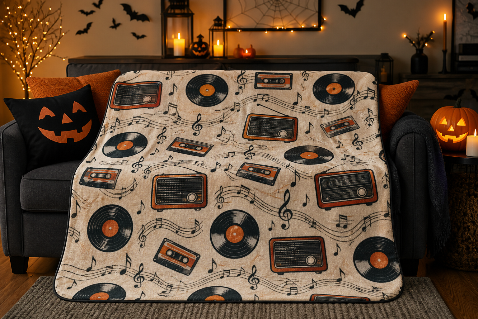 Retro Music Print Throw Blanket Flannel