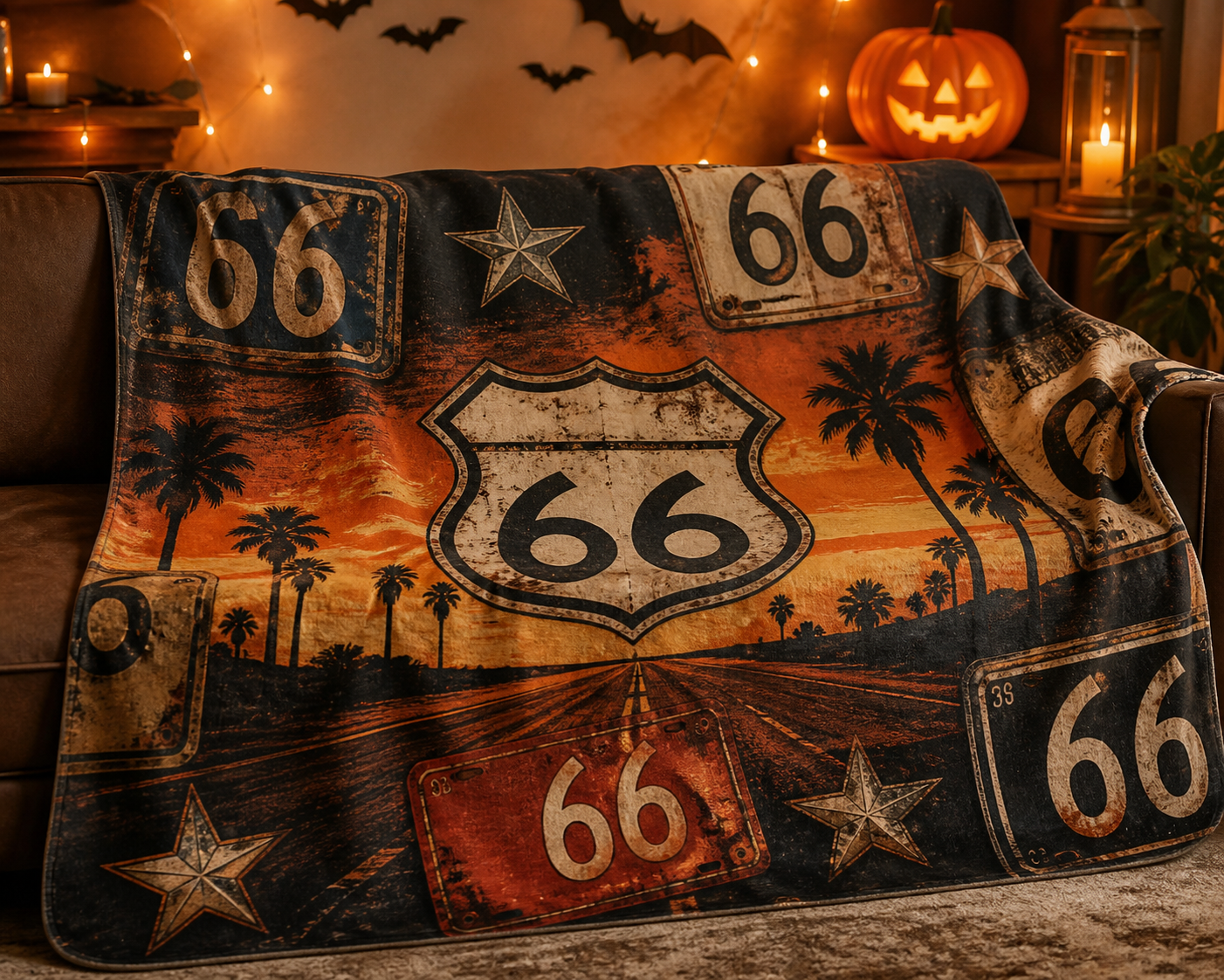 Vintage License Plate Throw Blanket Route 66 Flannel
