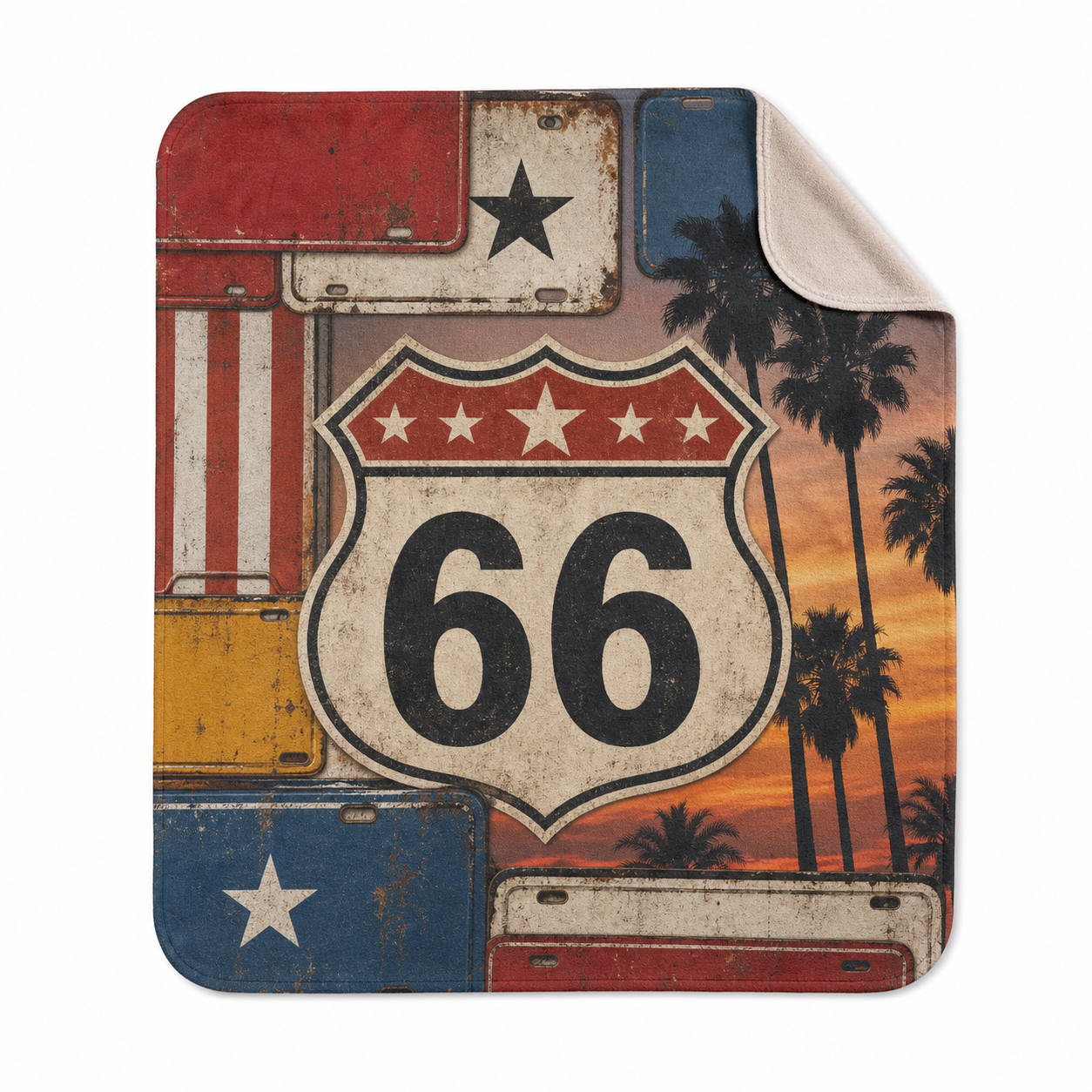 Vintage License Plate Throw Blanket Route 66 Flannel
