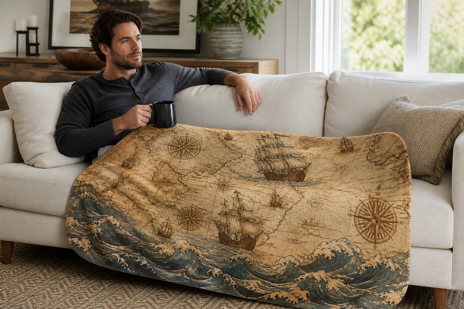 Vintage Nautical Map Throw Blanket Flannel