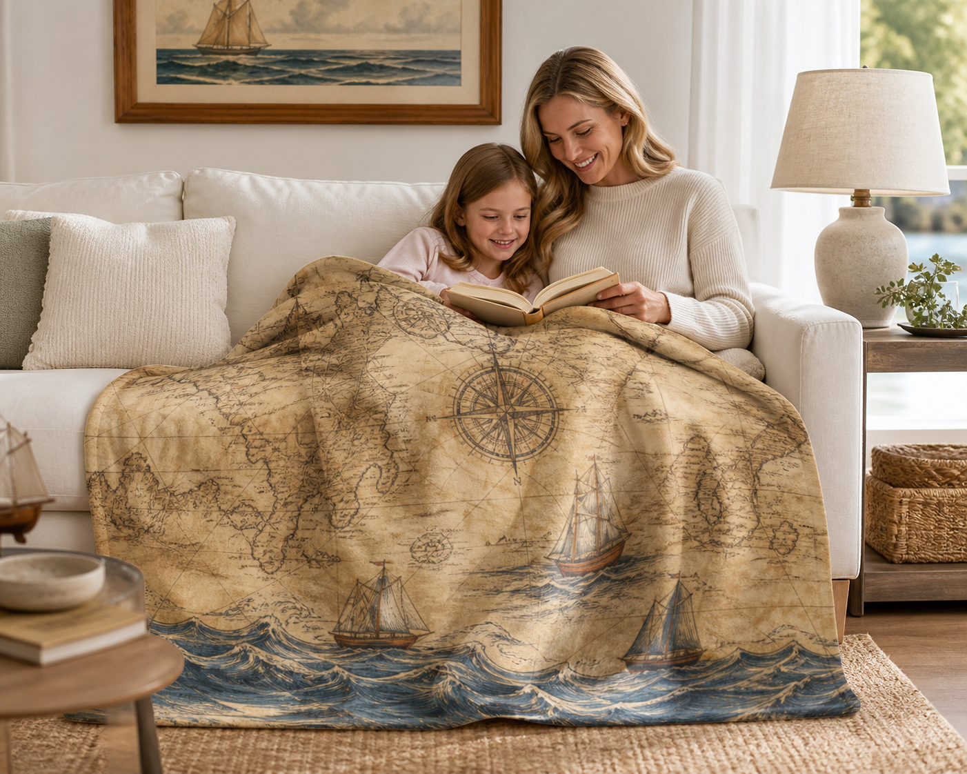 Vintage Nautical Map Throw Blanket Flannel