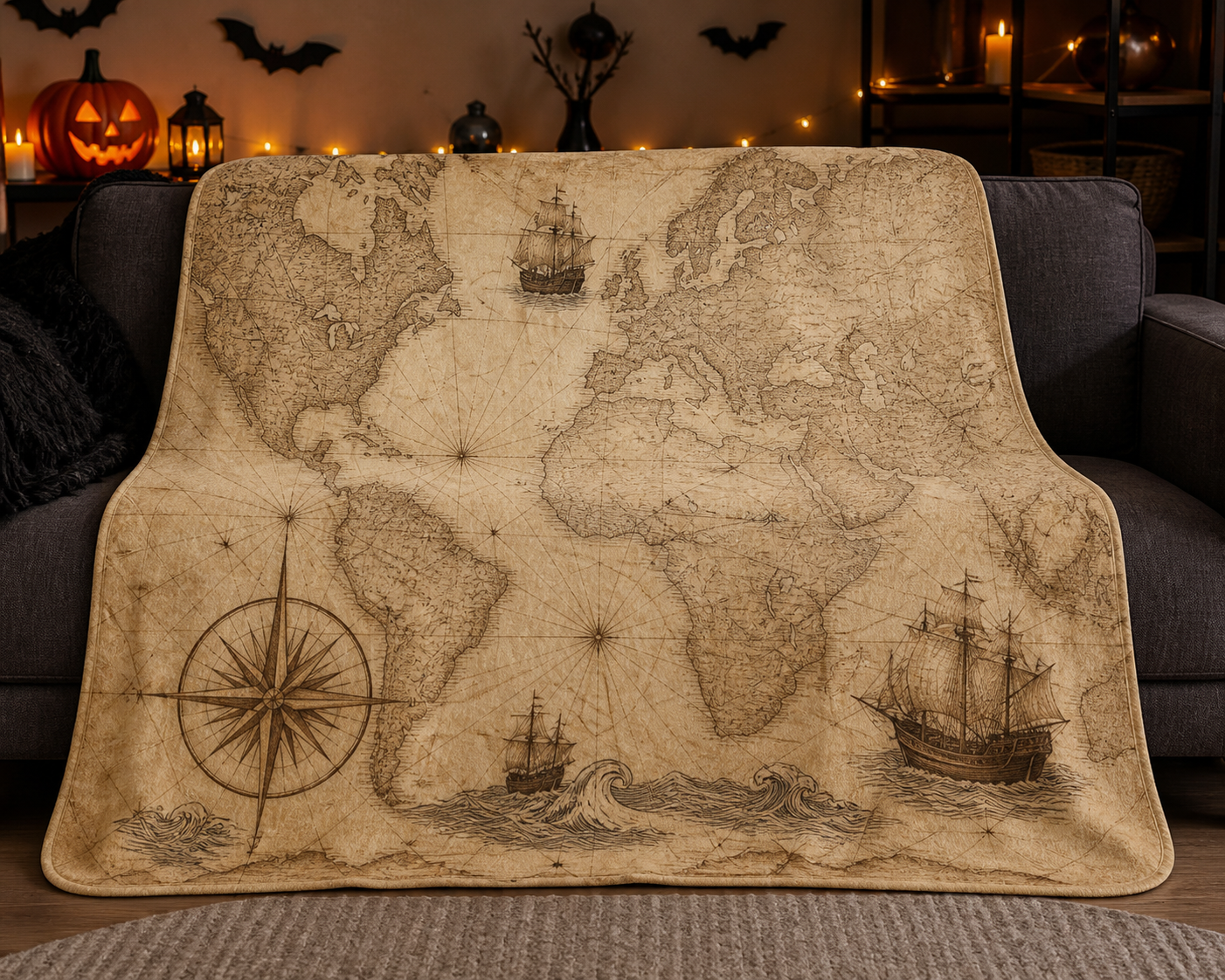 Vintage Nautical Map Throw Blanket Flannel