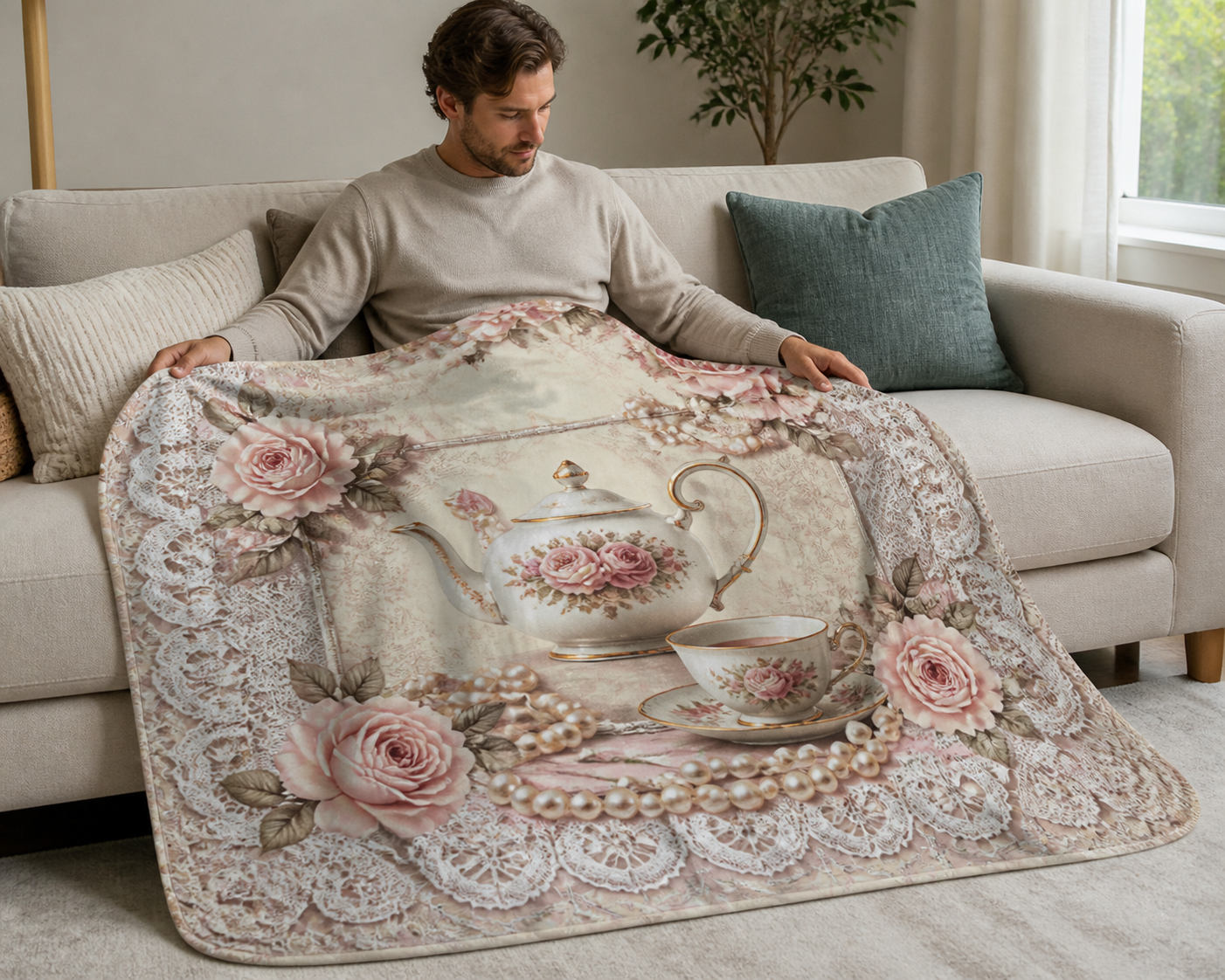 Vintage Floral Tea Set Throw Blanket Flannel