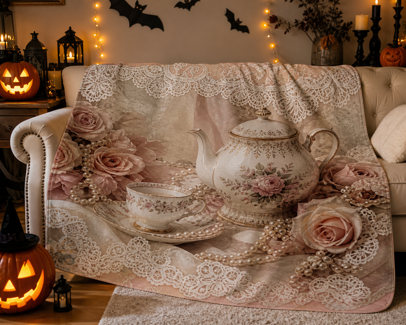 Vintage Floral Tea Set Throw Blanket Flannel