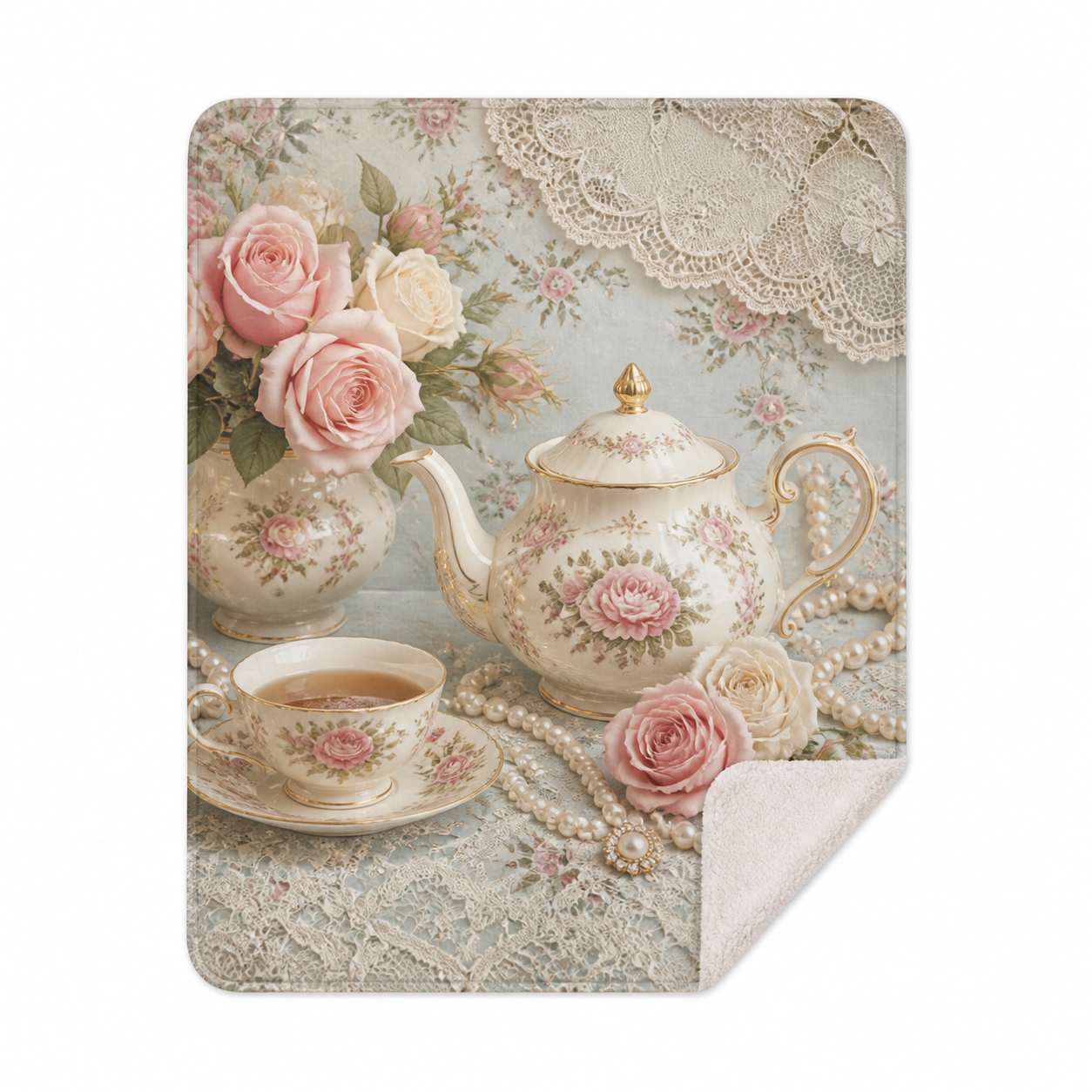 Vintage Floral Tea Set Throw Blanket Flannel