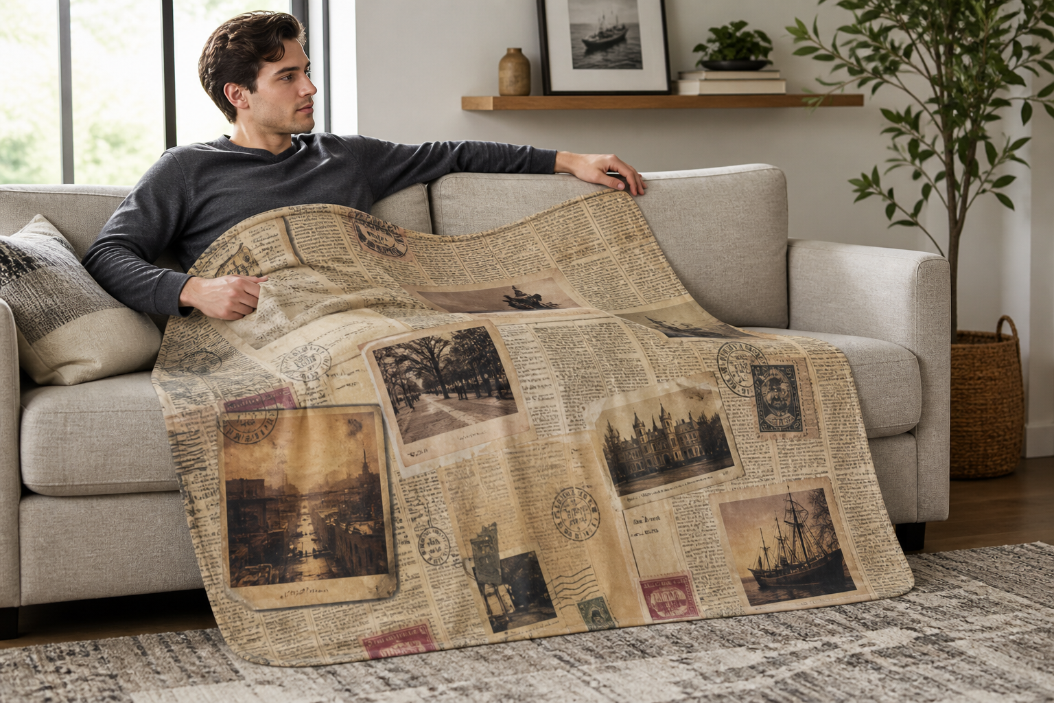 Vintage Newspaper Collage Throw Blanket Flannel
