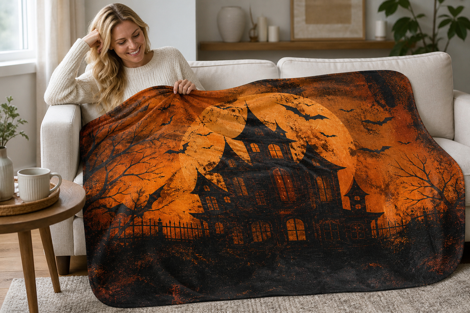 Vintage Halloween Throw Blanket Haunted House Flannel
