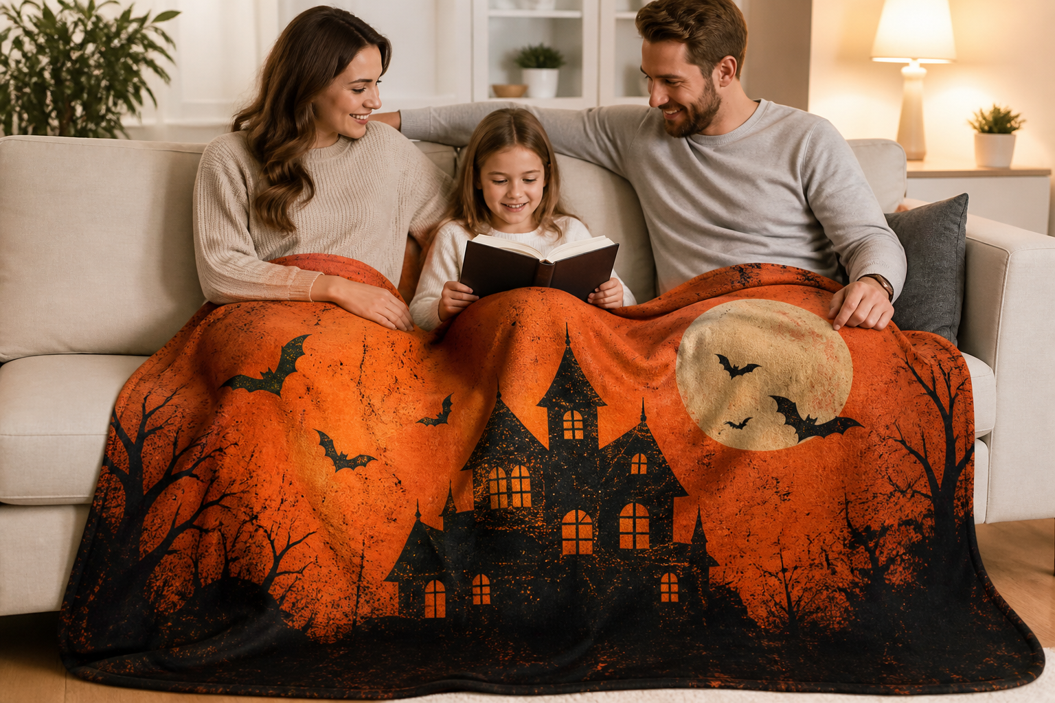 Vintage Halloween Throw Blanket Haunted House Flannel