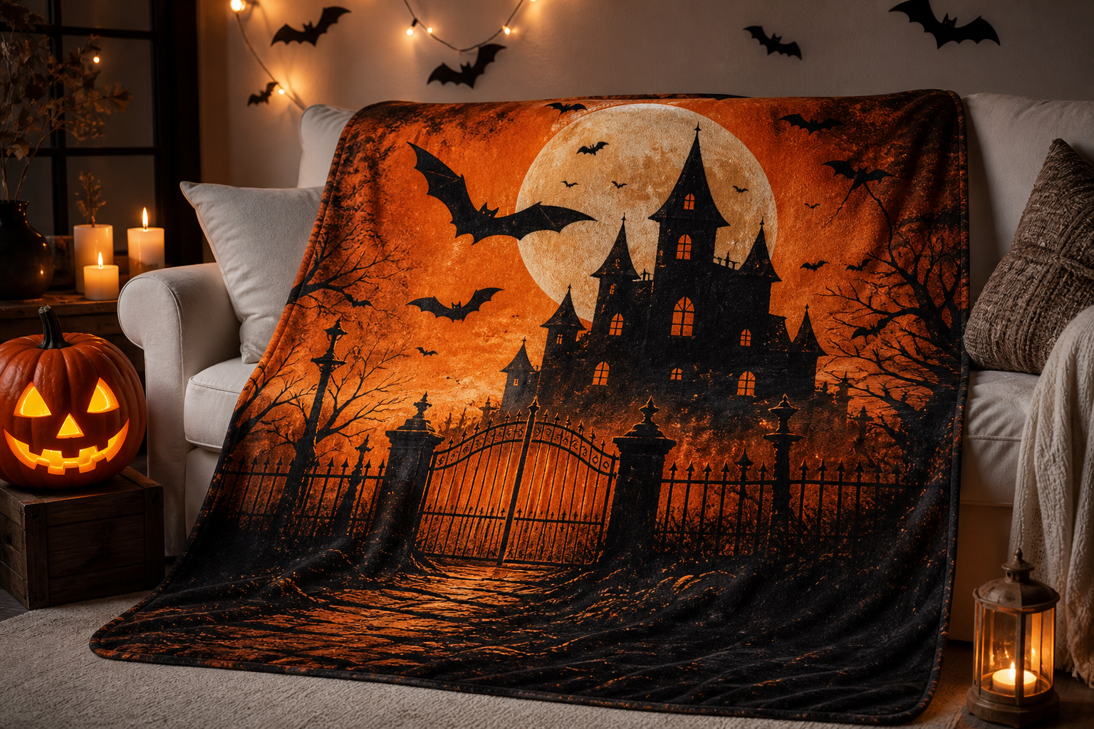 Vintage Halloween Throw Blanket Haunted House Flannel