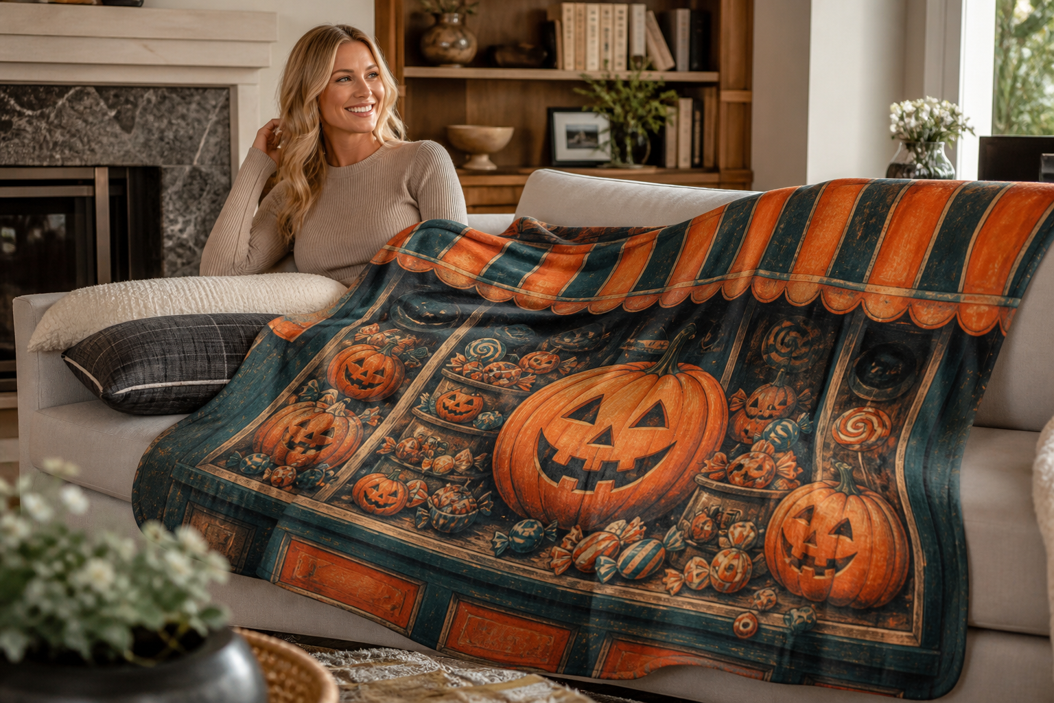 Vintage Halloween Throw Blanket Pumpkin Candy Stand Flannel