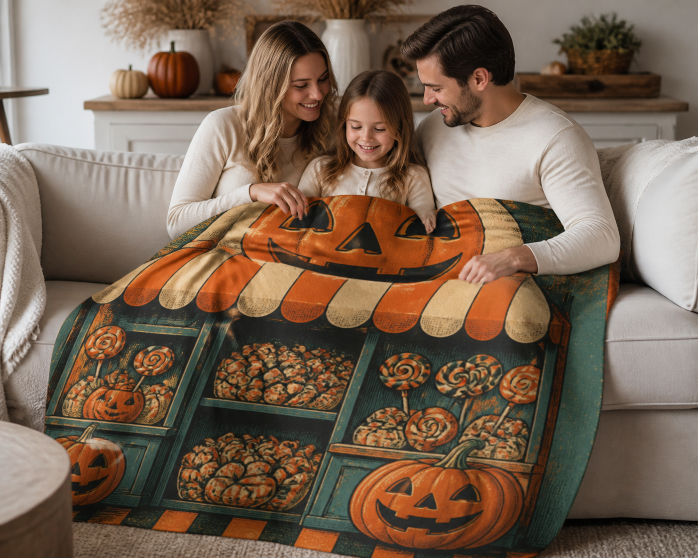 Vintage Halloween Throw Blanket Pumpkin Candy Stand Flannel