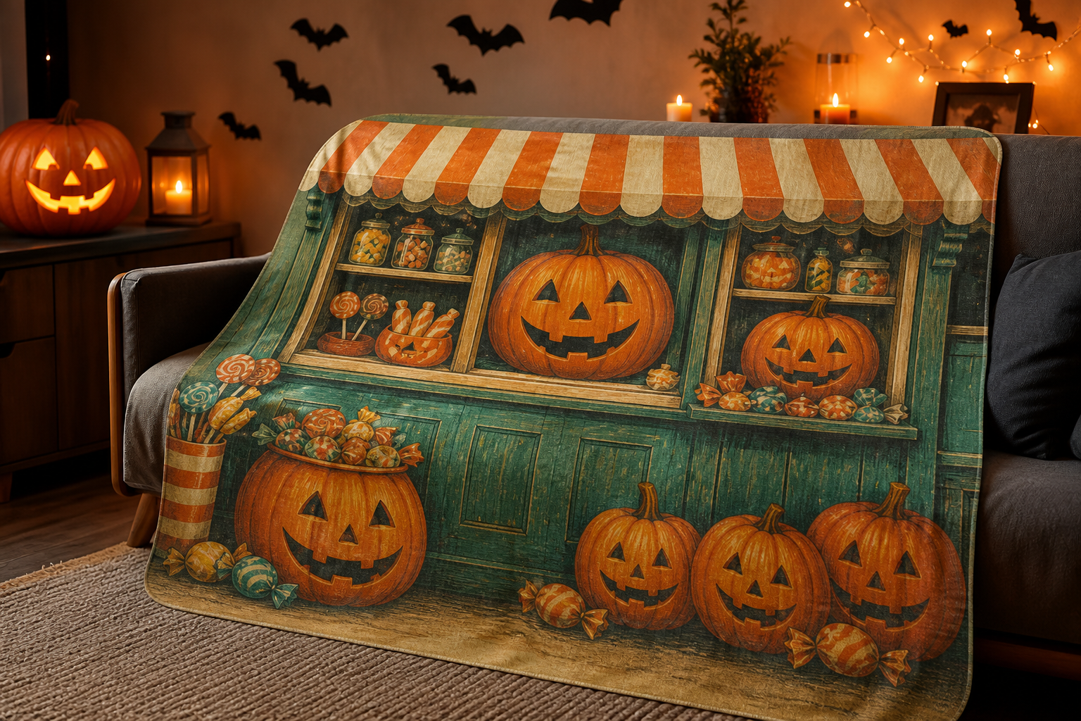 Vintage Halloween Throw Blanket Pumpkin Candy Stand Flannel