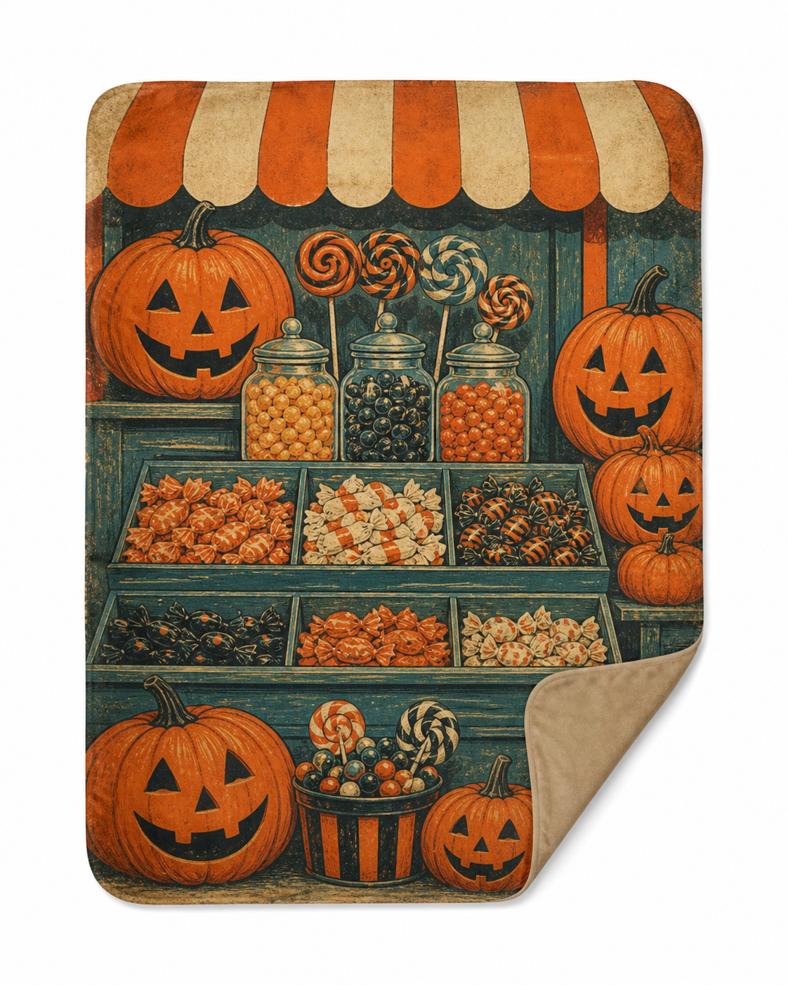 Vintage Halloween Pumpkin Candy Shop Throw Blanket Flannel