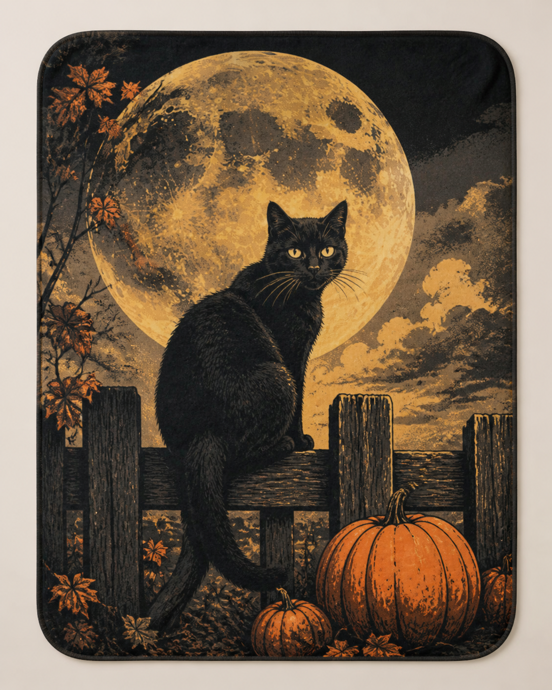 Vintage Black Cat Moonlit Night Throw Blanket Flannel