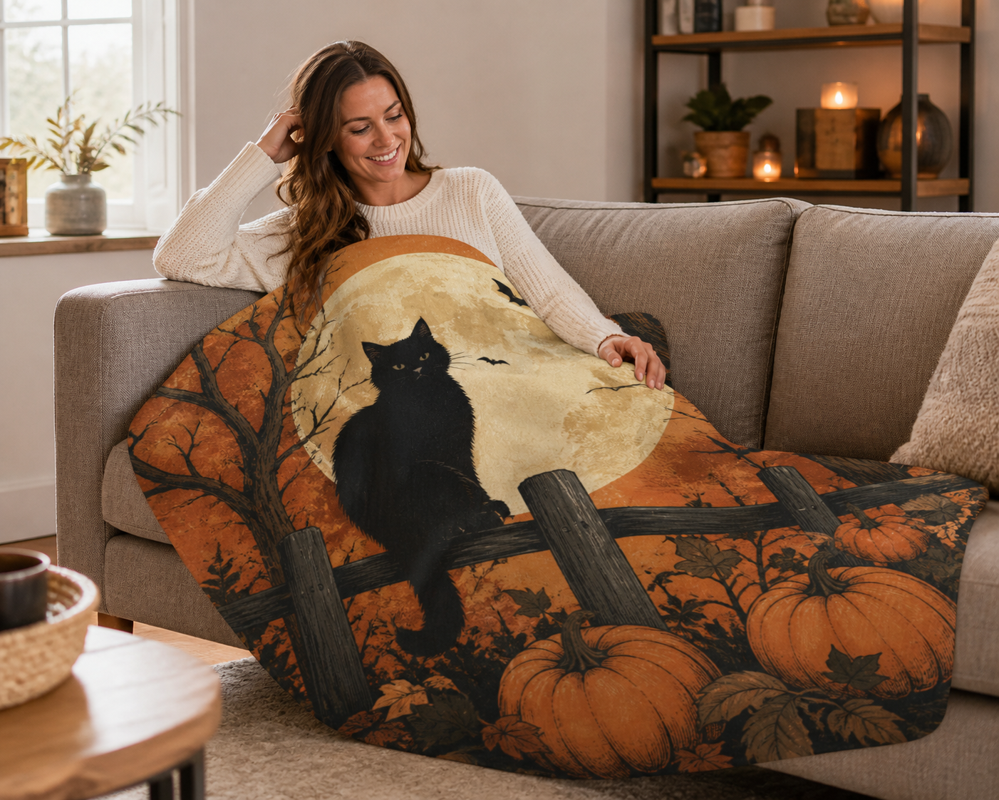 Vintage Black Cat Halloween Throw Blanket Flannel