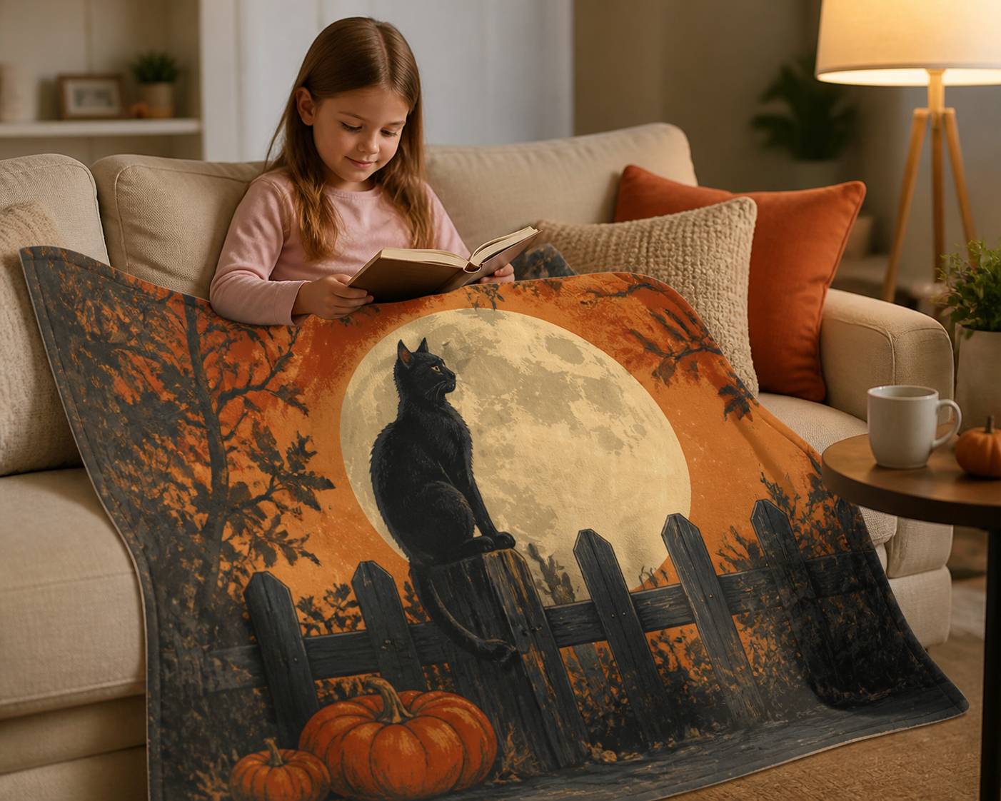 Vintage Black Cat Halloween Throw Blanket Flannel