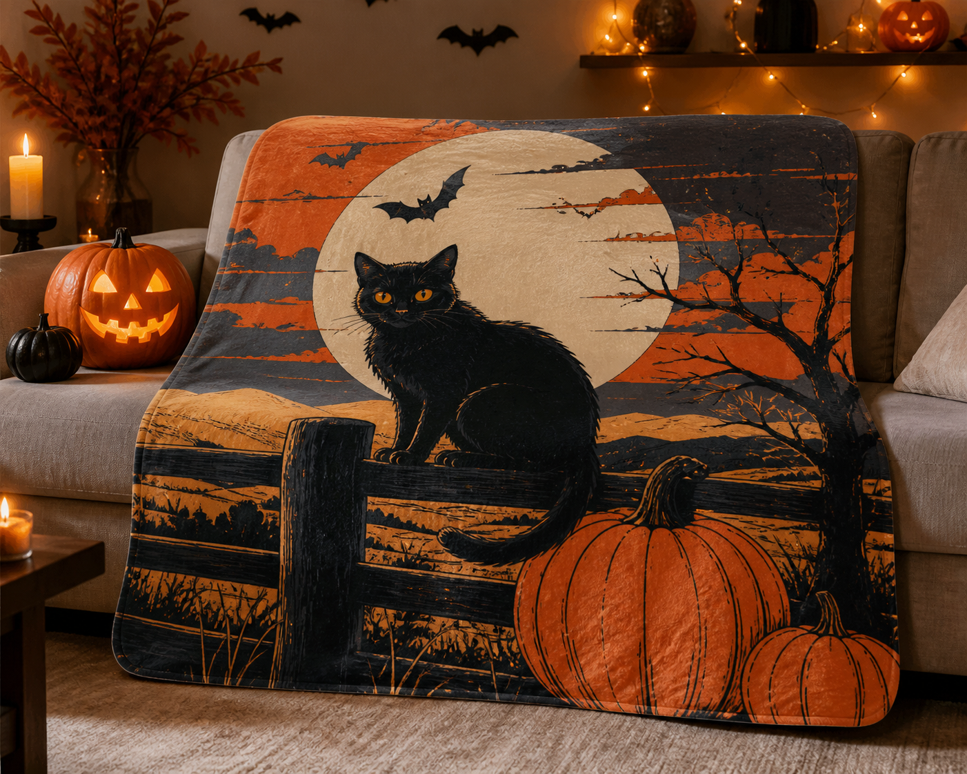 Vintage Black Cat Halloween Throw Blanket Flannel