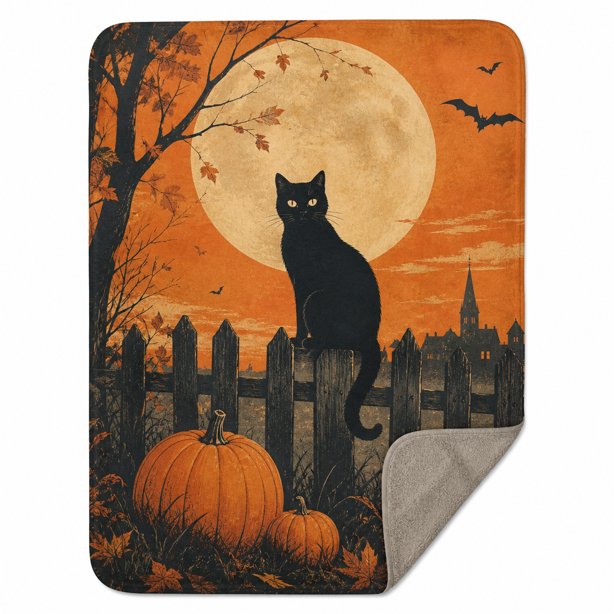 Vintage Black Cat Moonlit Night Throw Blanket Flannel