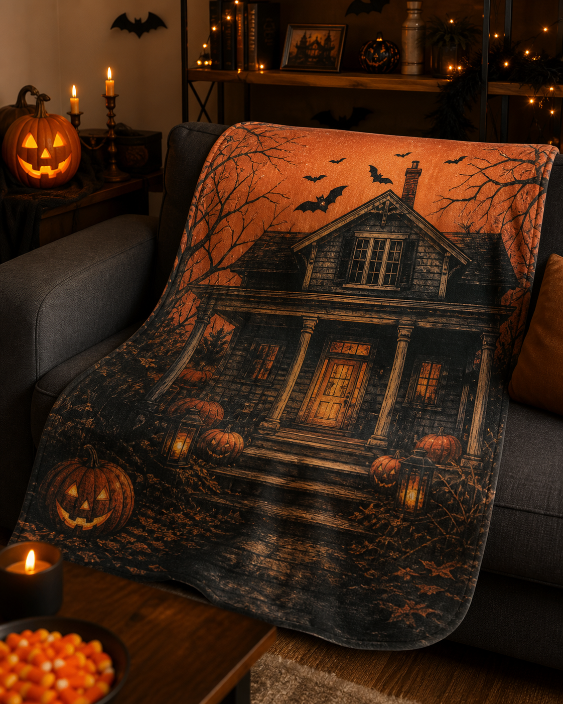 Halloween Vintage Porch Throw Blanket Flannel