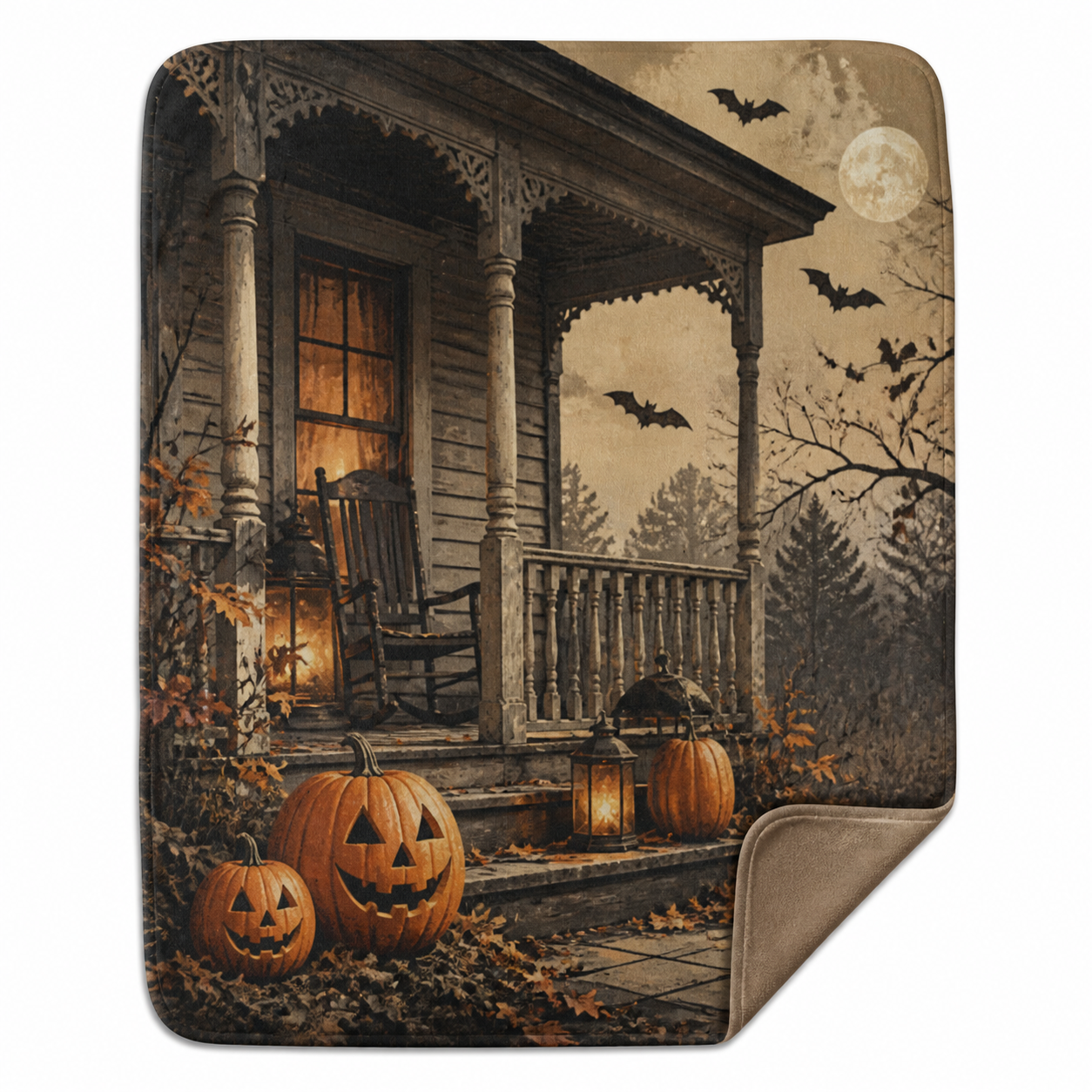 Vintage Halloween Porch Throw Blanket Flannel