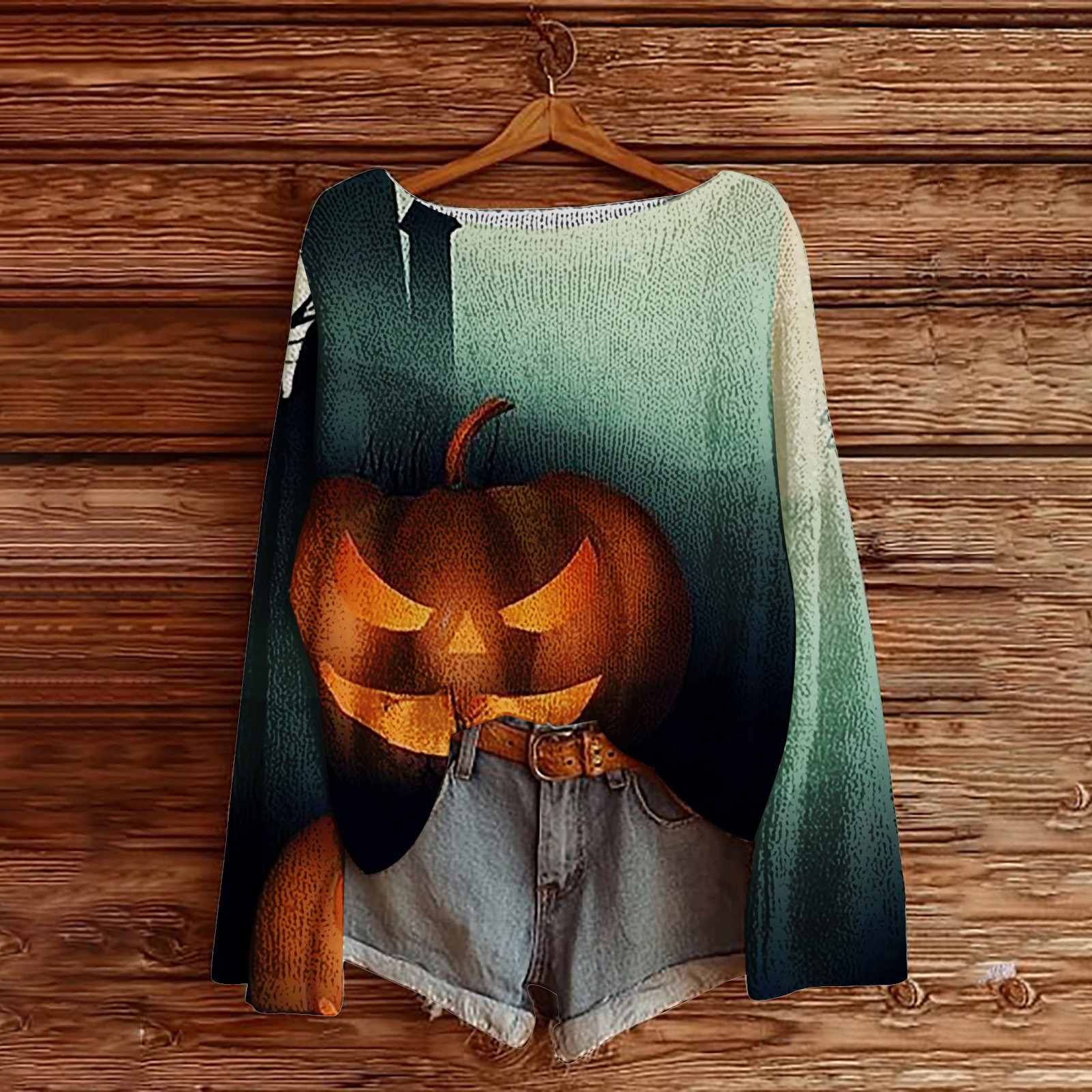Halloween Women's Pumpkin Ghost Vintage Print Crew Neck Long Sleeve Sweatshirt  