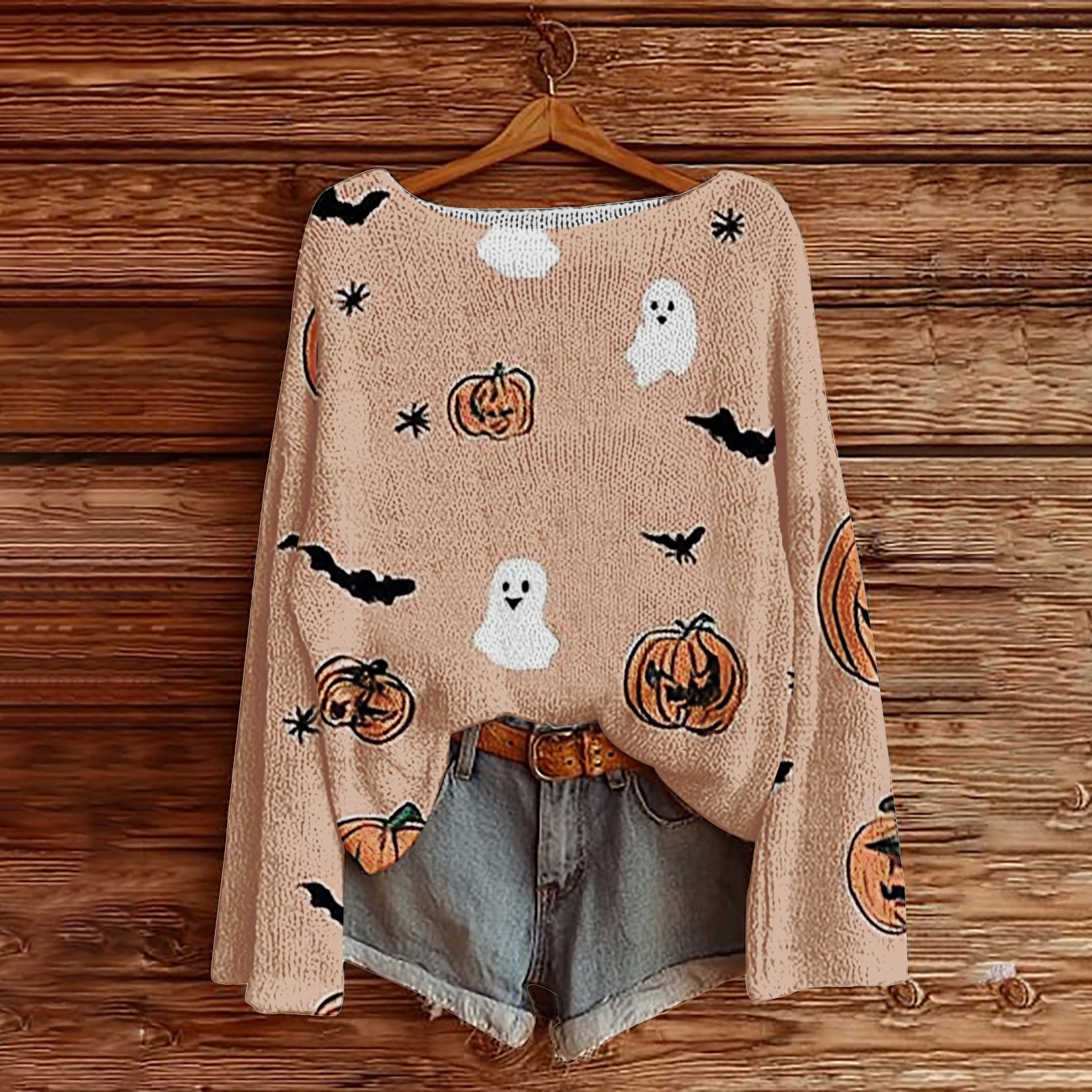 Halloween Women's Pumpkin Ghost Vintage Print Crew Neck Long Sleeve Sweatshirt  